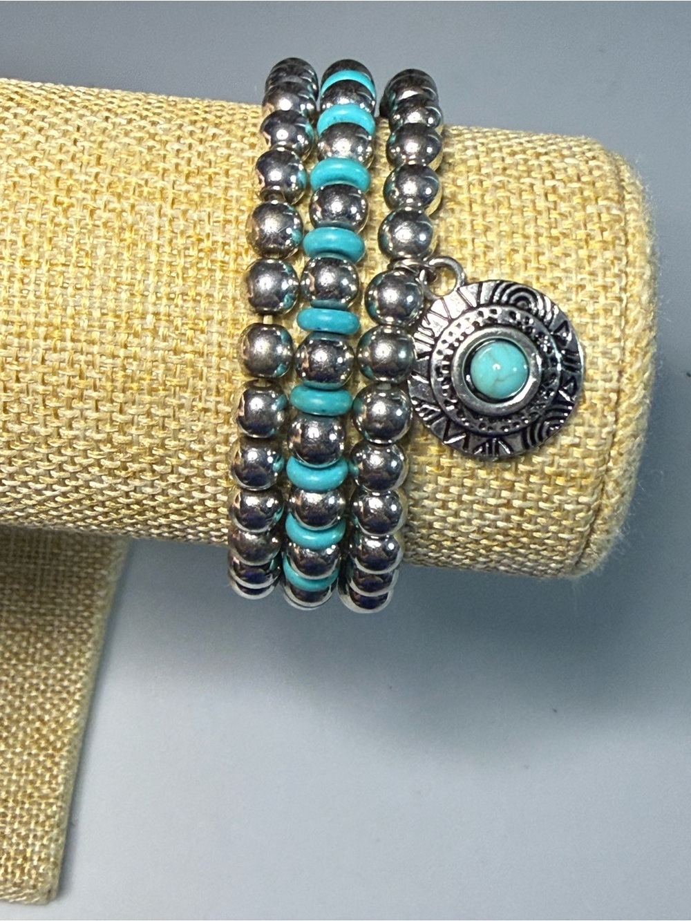 Turquoise Silver Beaded Stretch Bracelet Stack with Charm B2